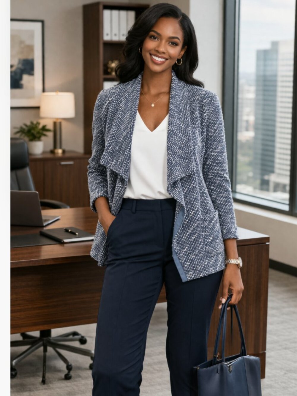 Talbots Blue Tweed Waterfall Blazer – Size Large Petite | Cotton Blend Open Fron